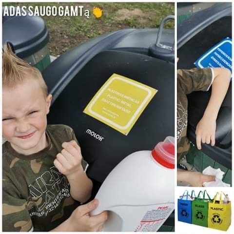 A child throwning an old detergent package into a recylcing bin.