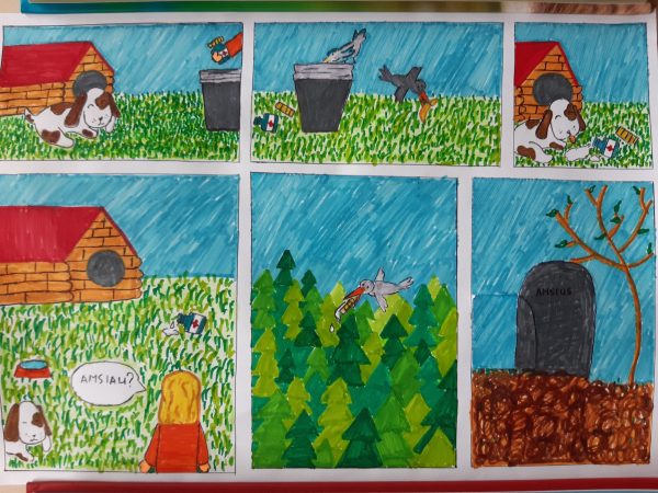 A drawn comiv of a little dog sitting in front of its hut, where a human throws away an old medication jar. The dog eats it and dies. The last image is a gravestone..