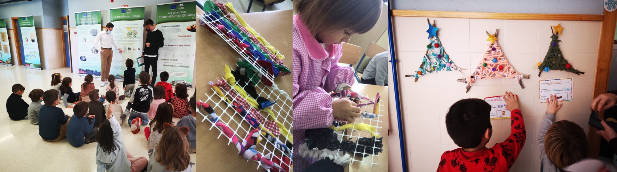 A group of students is weaving a piece of art.