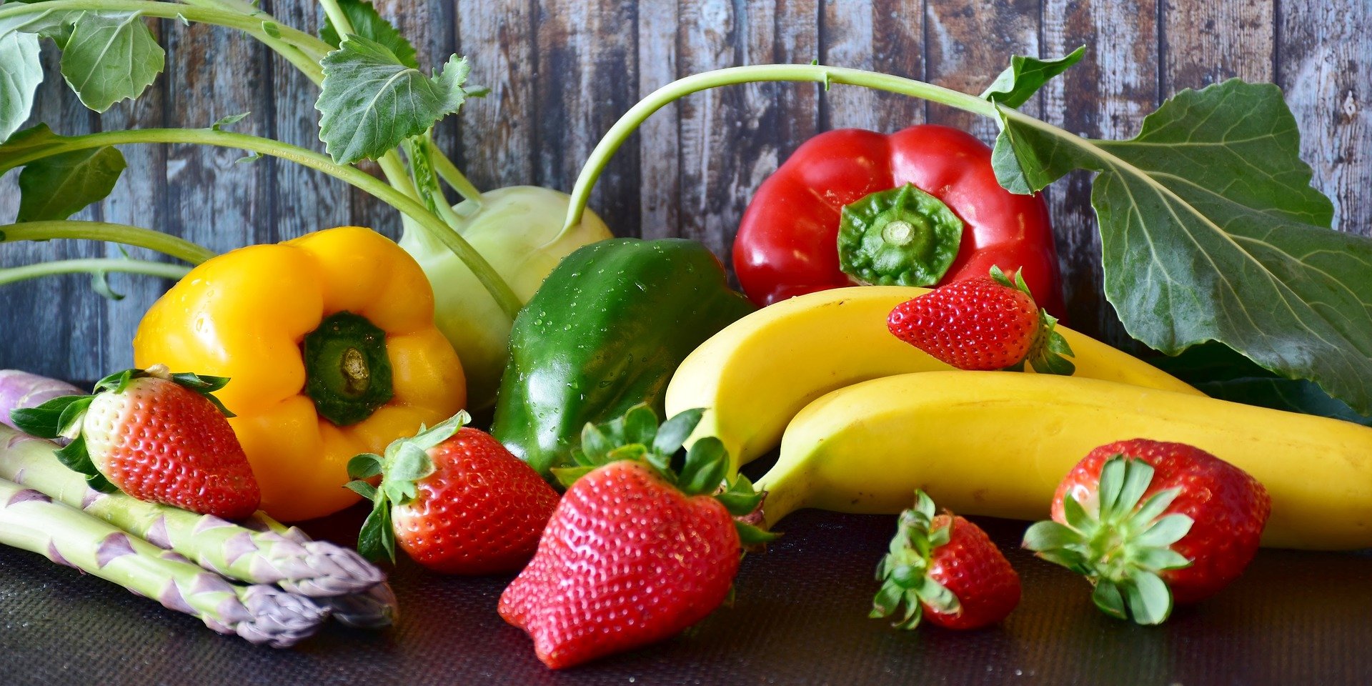 Colourful fruits and vegetables on a table.