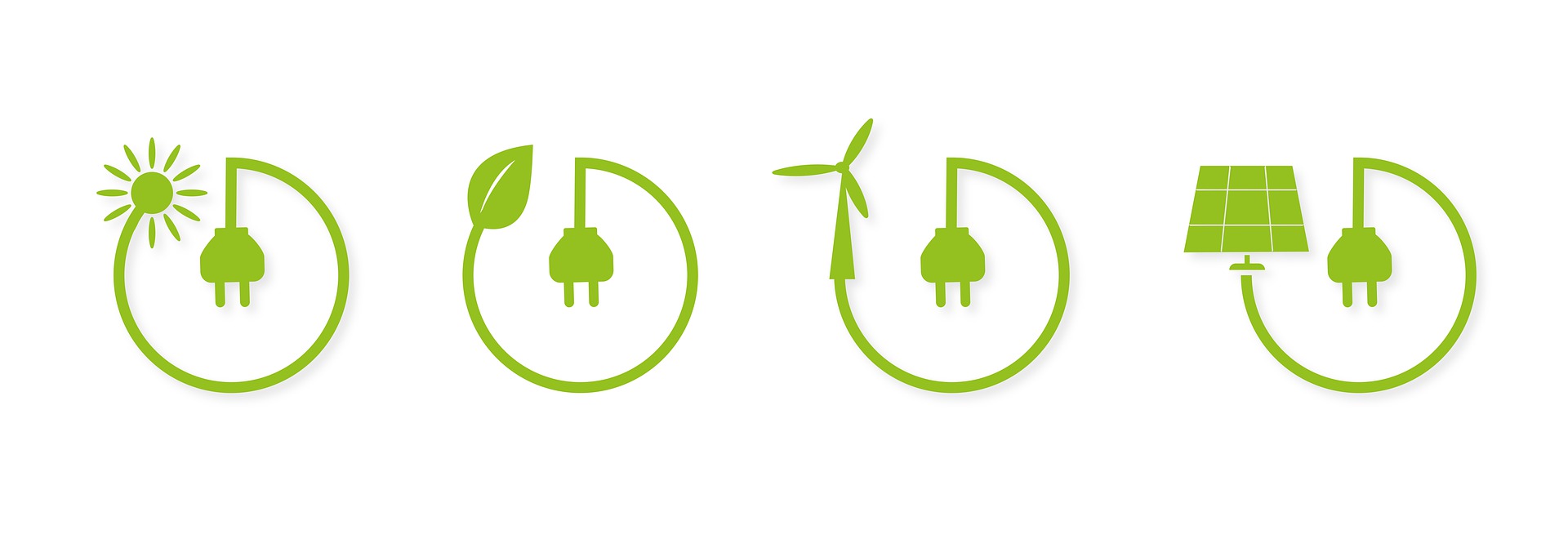 Icons of plugs with a sun, a leaf, a windmill and a solar panel.