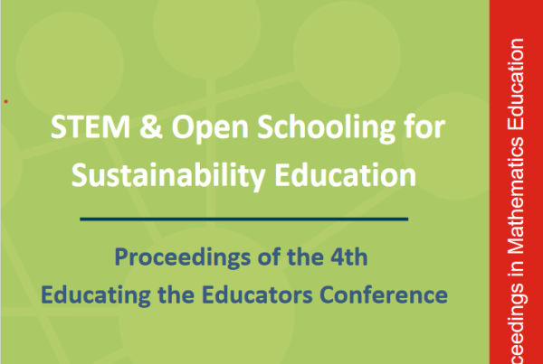 A green cover with the Text: "STEM &Open Schooling for Sustainable Education" written in white. Below: "Proceedings of the 4th Educating the Educators Conference" in blue. In the corners there are logos by ICSE, MOST, Naturalis and Utrecht University. In the bottom right corner it says: May 11-12, 2023, leiden, Netherlands. In the top left corner: "Editors: Michiel Doorman, Elena Schäfer, Katja Maaß" in blue.