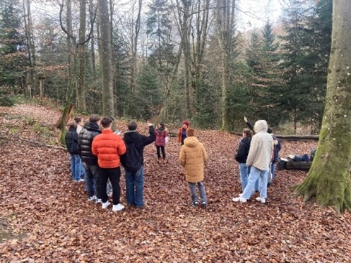 A group of students are standing in a forest in a round talking. The trees are bare and there are lots of brown leafs on the ground. Some needle trees are in the background.