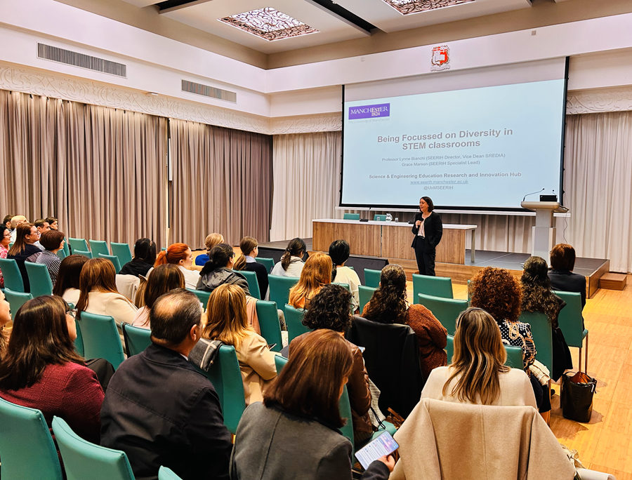 A person gives a presentation inan auditorium to an audience.