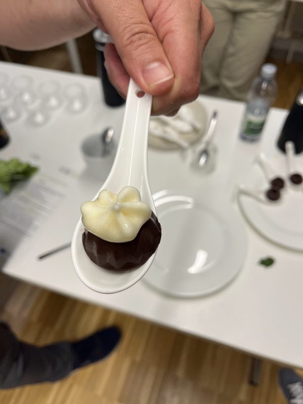 A hand is holding a white spoon. On the spoon there is a little piece of a dark brown soft desert with a white cream like thing on top of it. In the background there is a table with plates and more of the spoons with dark brown food on it.